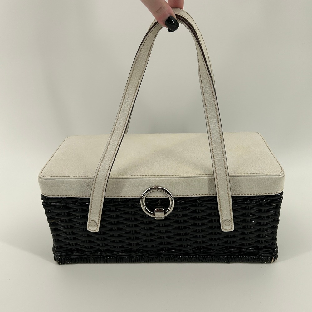 Vintage Kate Spade New York Black Wicker Basket White Leather Bag Polka Dot - Picture 1 of 16